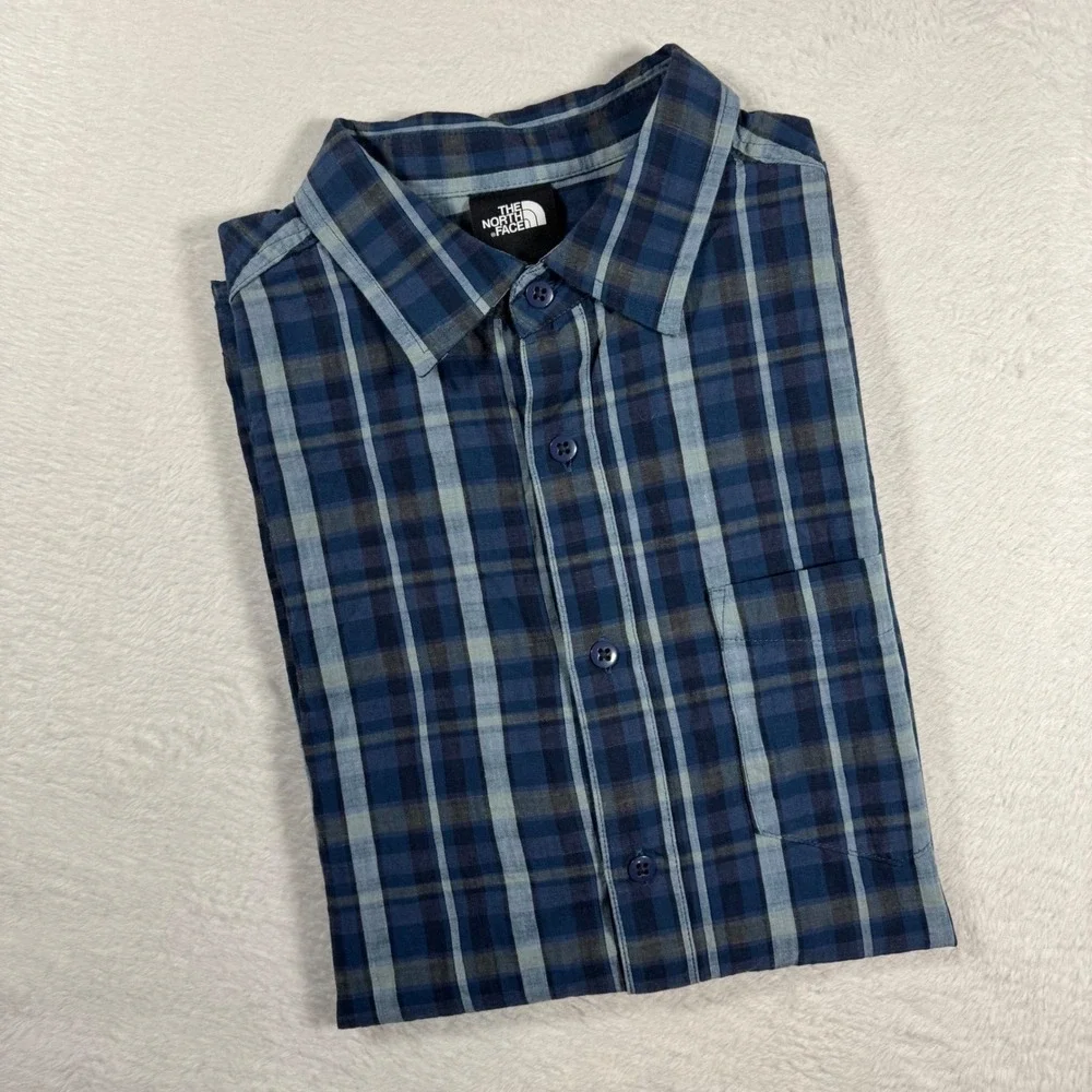 The North Face Button Up Shirt Mens M Blue Plaid Short Sleeve‎ Pocket
